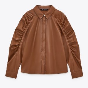 ZARA faux leather puff sleeve button shirt